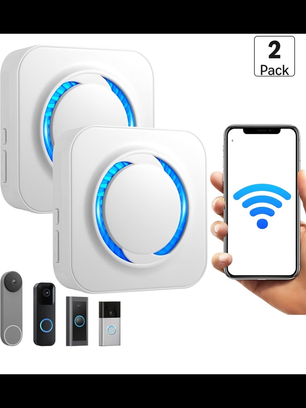 Smart Wireless Doorbell Chime - White with Blue LED (2 Pack)